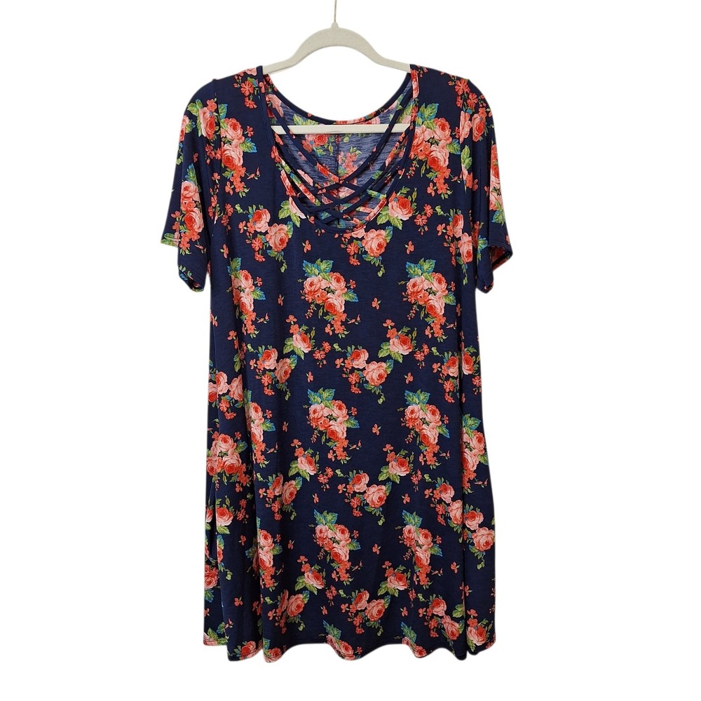 Womens‎ Size 2XL Pullover Tunic Top Blue Floral Asymmetrical Hem Strappy Front